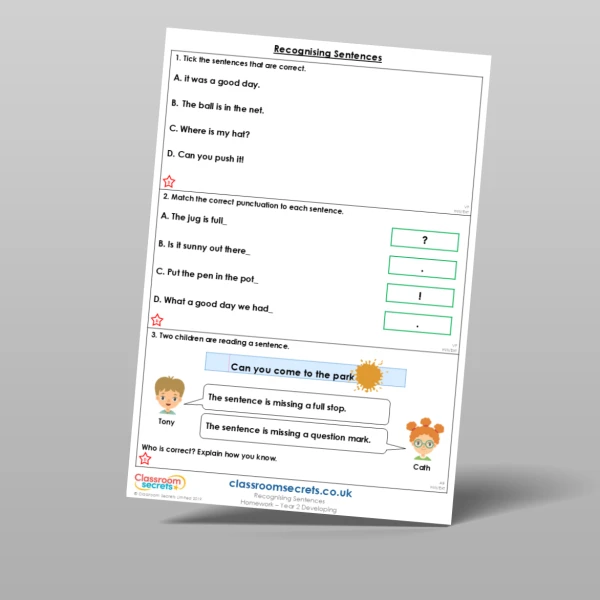 An image of the Recognising Sentences Homework Resource