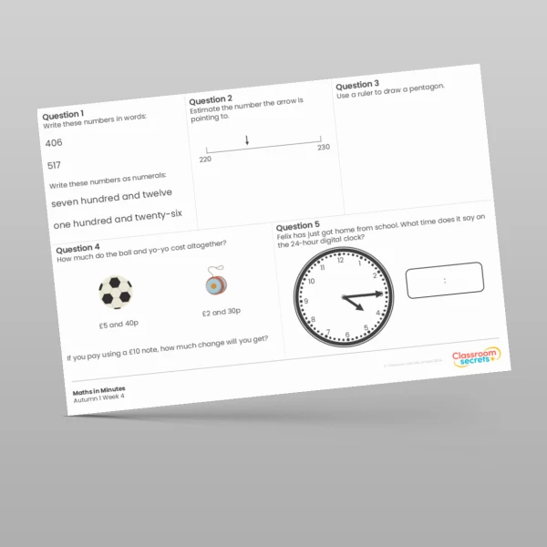 An image of the Autumn 1 Week 4 Maths in Minutes Resource