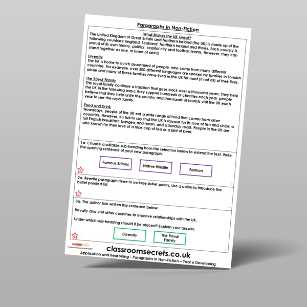 An image of the Paragraphs in Non-Fiction Application and Reasoning Resource