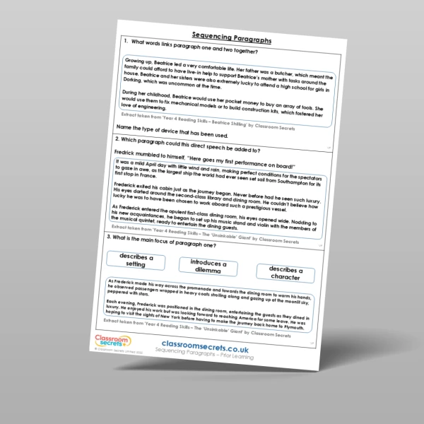 An image of the Sequencing Paragraphs Prior Learning Resource