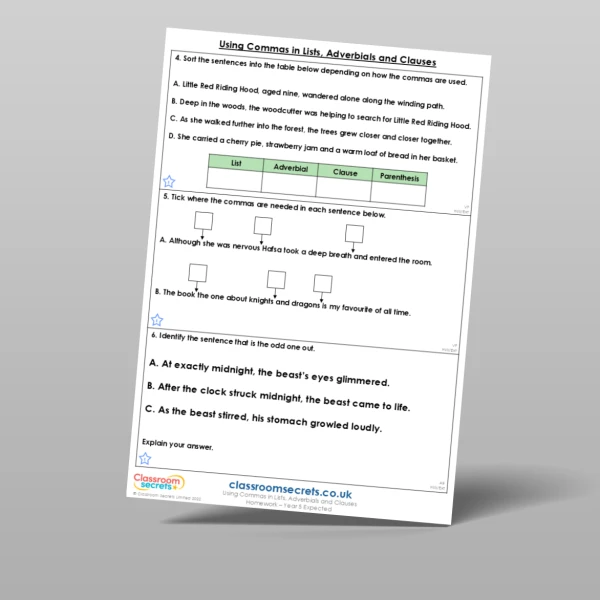 An image of the Free Using Commas in Lists, Adverbials and Clauses Homework Resource