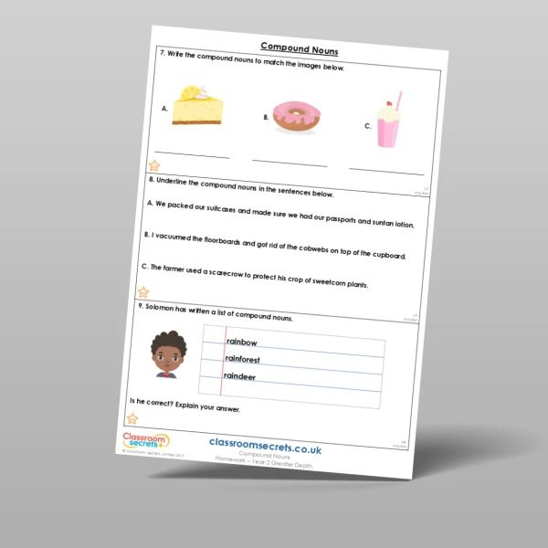 An image of the Free Compound Nouns Homework Resource