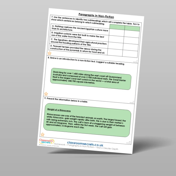 An image of the Paragraphs in Non-Fiction Homework Resource