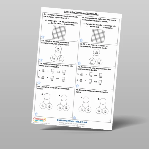 An image of the Recognise Tenths and Hundredths Varied Fluency Resource