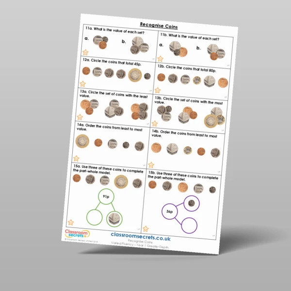 An image of the Recognise Coins Varied Fluency Resource