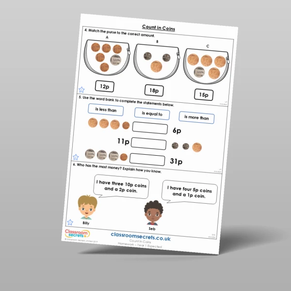 An image of the Count in Coins Homework Resource