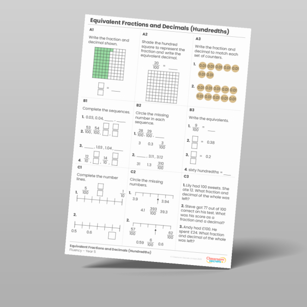 Year 5 Equivalent Fractions And Decimals Hundredths Fluency Matrix ...