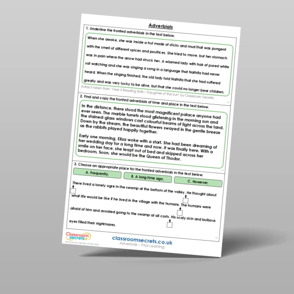 An image of the Adverbials Prior Learning Resource