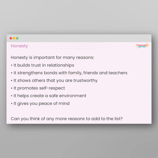 An image of the UKS2 Values - Honesty Resource