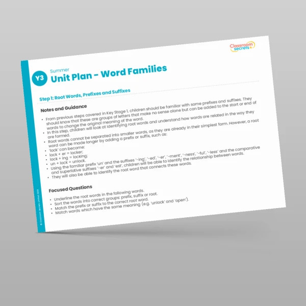An image of the Word Families Unit Plan Resource