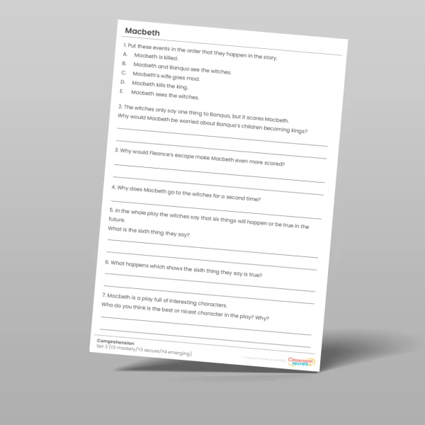 An image of the Macbeth Comprehension Pack Resource