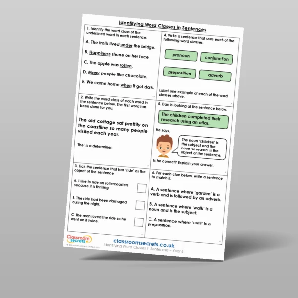 An image of the Identifying Word Classes in Sentences Mixed Activity Resource