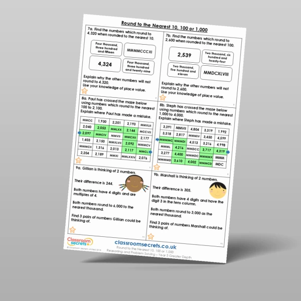 An image of the Round to the Nearest 10, 100 or 1,000 Reasoning and Problem Solving Resource