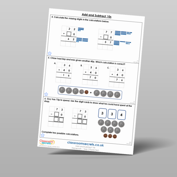 Year 2 Add And Subtract 10s Homework Resource | Classroom Secrets