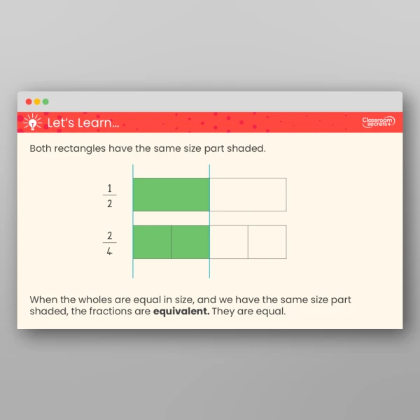 An image of the Recognise the Equivalence of a Half and Two-Quarters Teaching PPT Resource