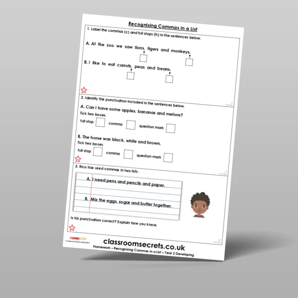 An image of the Free Recognising Commas in a List Homework Resource