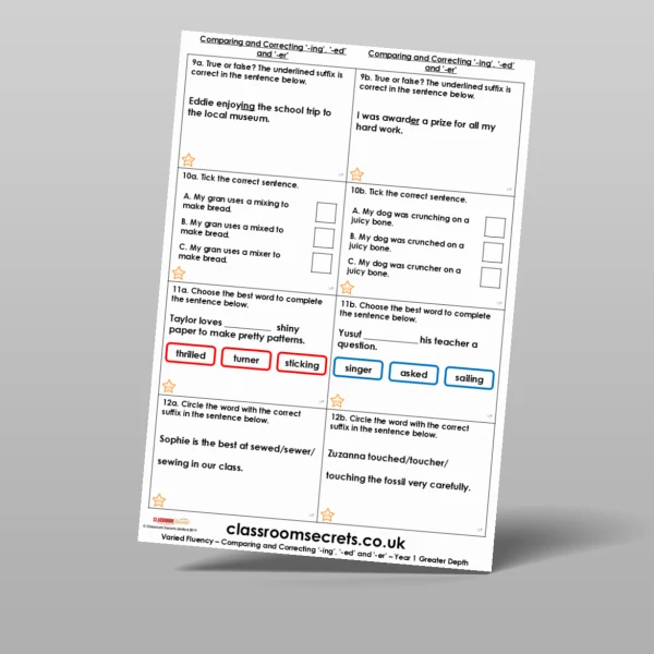 An image of the Comparing and Correcting '-ing', '-ed' and '-er' Varied Fluency Resource