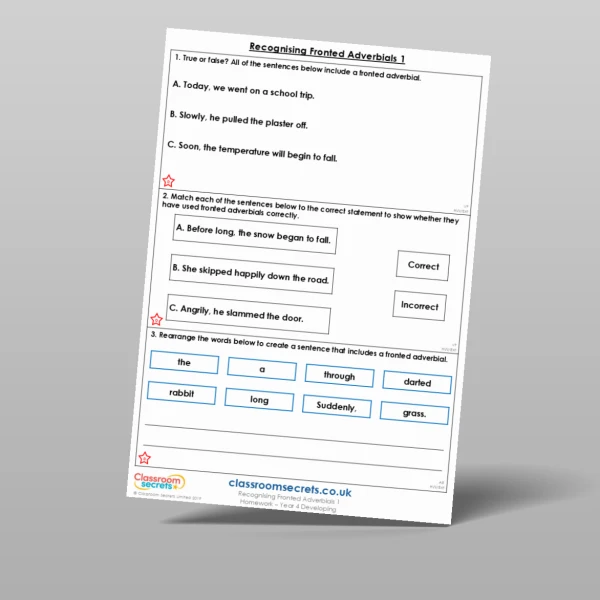 An image of the Recognising Fronted Adverbials 1 Homework Resource