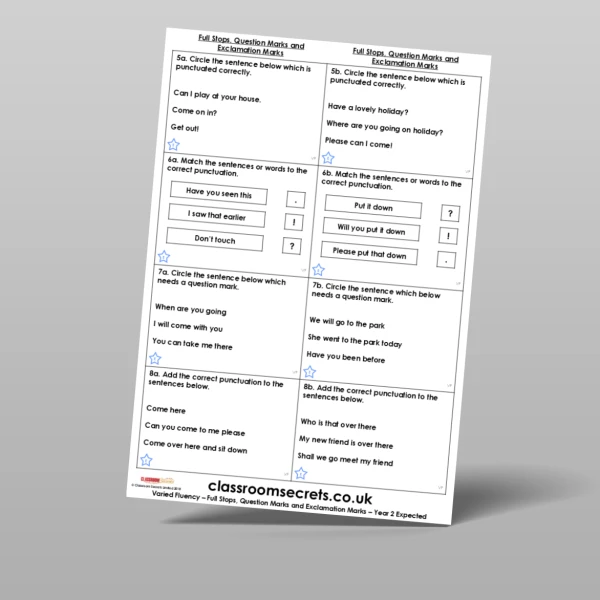 An image of the Full Stops, Question Marks and Exclamation Marks Varied Fluency Resource