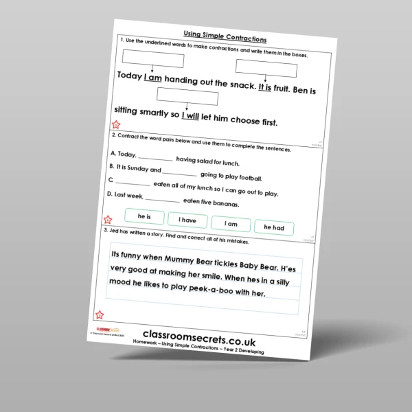 An image of the Using Simple Contractions Homework Resource
