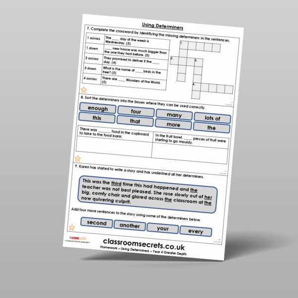 An image of the Free Using Determiners Homework Resource
