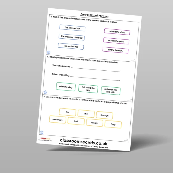 An image of the Prepositional Phrases Homework Resource