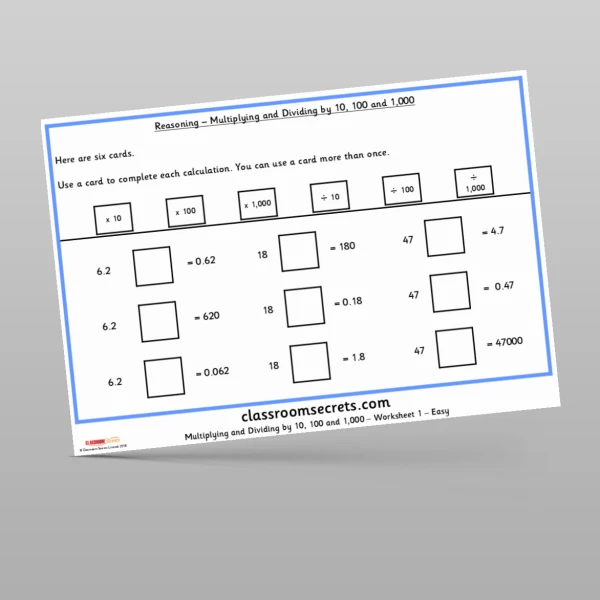 An image of the Multiplying and Dividing by 10, 100 and 1000 Reasoning Test Practice Resource