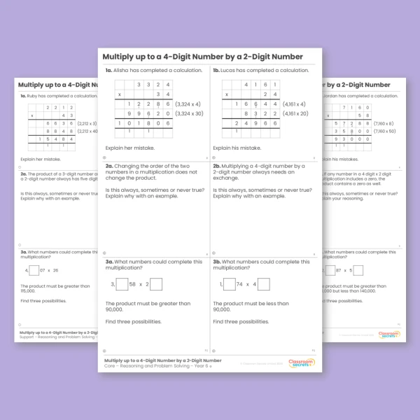 An image of the Multiply up to a 4-Digit Number a 2-Digit Number Reasoning and Problem Solving Resource
