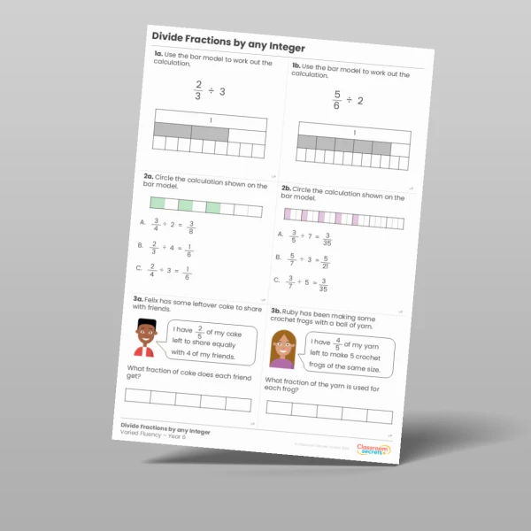 An image of the Divide Fractions by any Integer Varied Fluency Resource