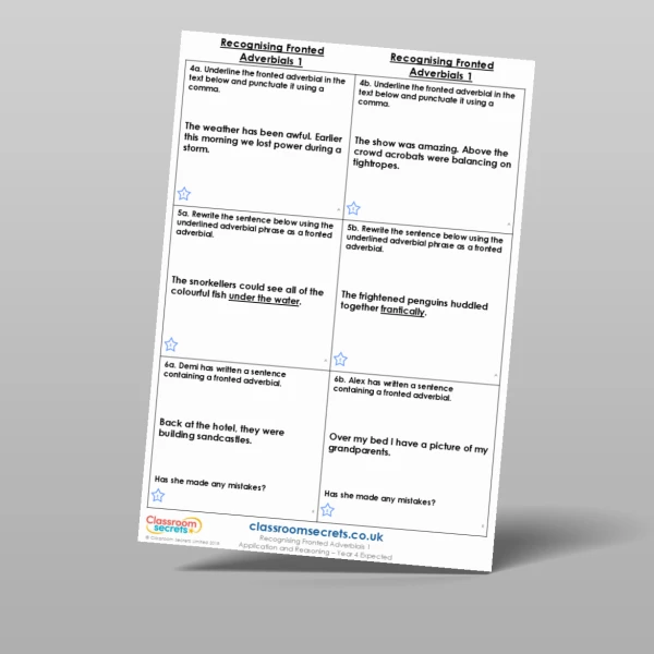 An image of the Recognising Fronted Adverbials 1 Application and Reasoning Resource