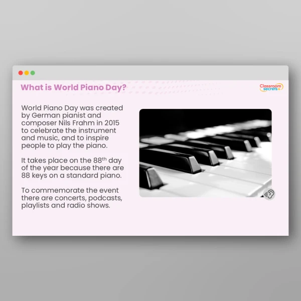 An image of the World Piano Day KS2 Assembly Resource