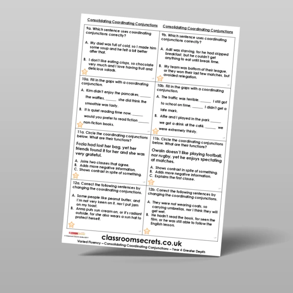 An image of the Consolidating Coordinating Conjunctions Varied Fluency Resource