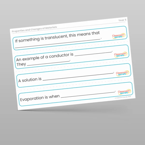 An image of the Properties and Changes of Materials Stem Sentences Resource