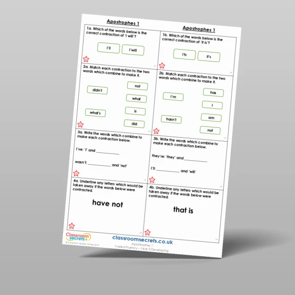 An image of the Apostrophes 1 Varied Fluency Resource