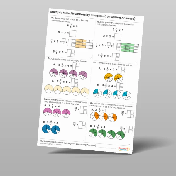 An image of the Multiply Mixed Numbers by Integers (Converting Answers) Varied Fluency Resource