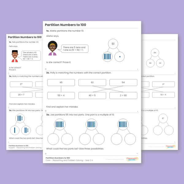 Year 3 Partition Numbers to 100 Place Value Reasoning and Problem Solving