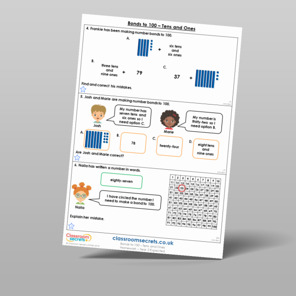 Year 2 Bonds To 100 Tens And Ones Homework Resource | Classroom Secrets