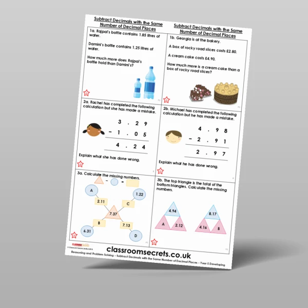 An image of the Subtract Decimals with the Same Number of Decimal Places Reasoning and Problem Solving Resource