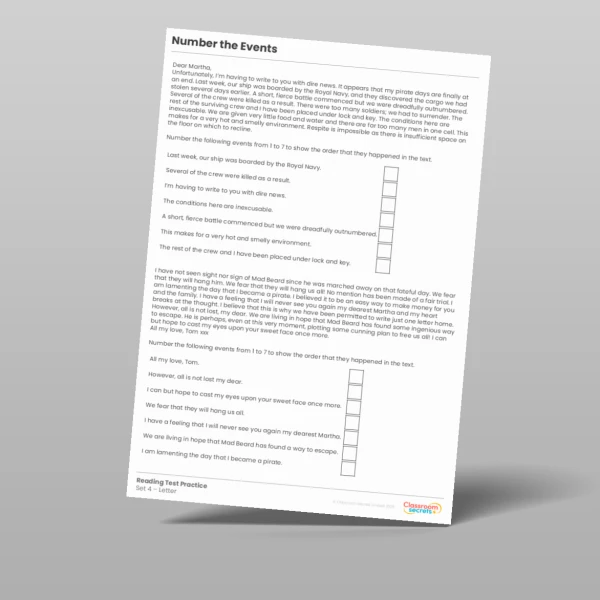 An image of the Number the Events Reading Test Practice Resource