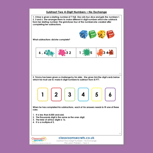Year 4 Subtract Two 4-Digit Numbers - No Exchange Addition and Subtraction Deeper Reasoning Discussion Problem