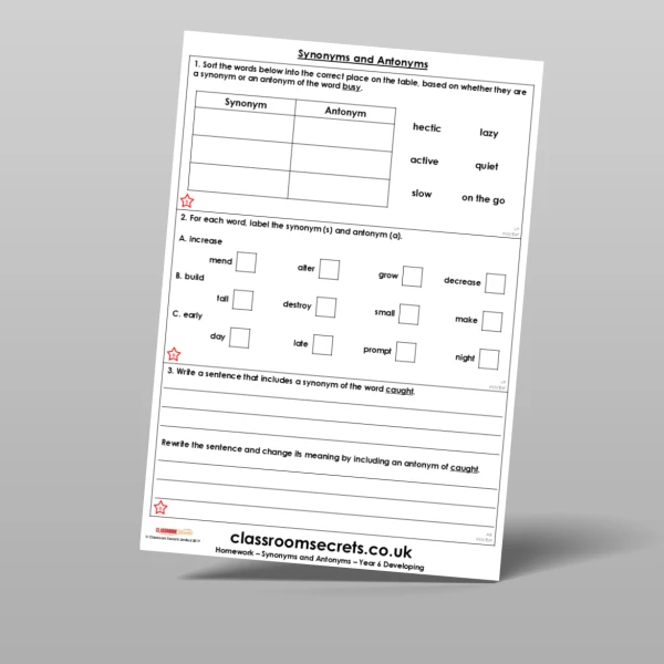 An image of the Synonyms and Antonyms Homework Resource