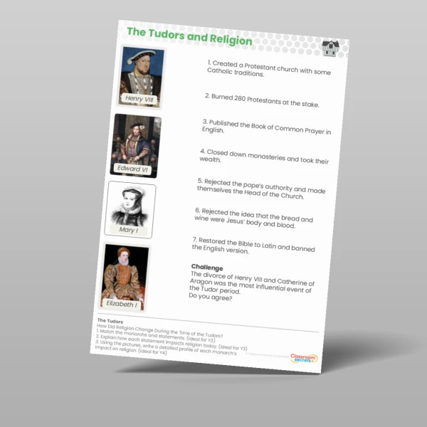 An image of the Lesson 3: How did Religion Change During the Time of the Tudors? Worksheet Resource