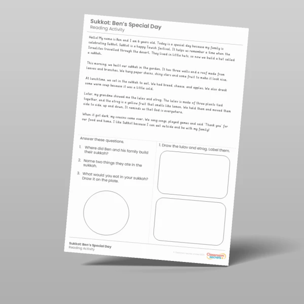 An image of the Sukkot Reading Activity Resource