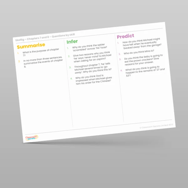 An image of the Reading Skills - Skellig - Chapters 7 & 8 Resource