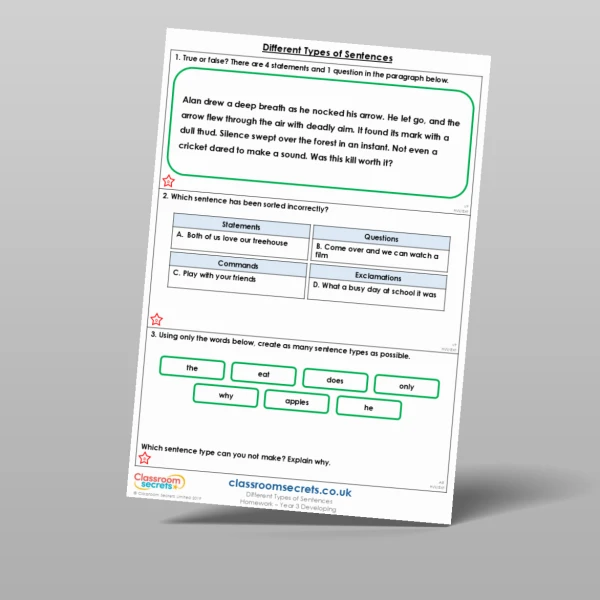 An image of the Different Types of Sentences Homework Resource