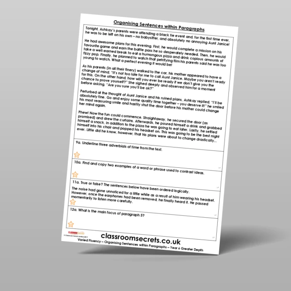 An image of the Organising Sentences within Paragraphs Varied Fluency Resource
