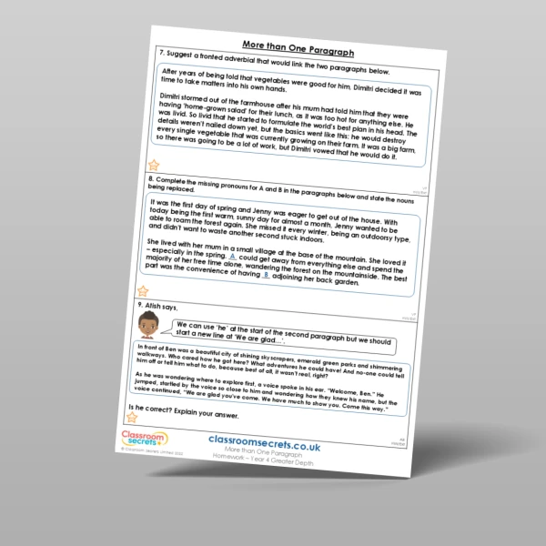 An image of the More than One Paragraph Homework Resource