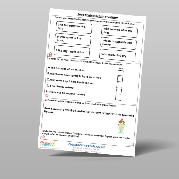 An image of the Recognising Relative Clauses Homework Resource