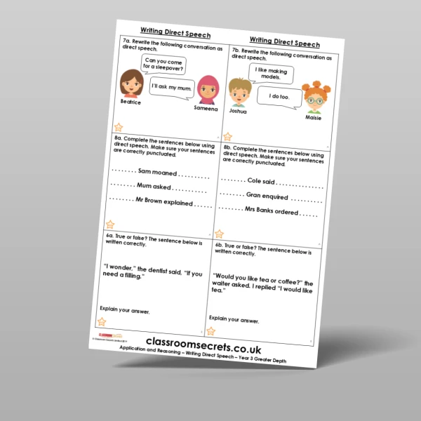 An image of the Writing Direct Speech Application and Reasoning Resource