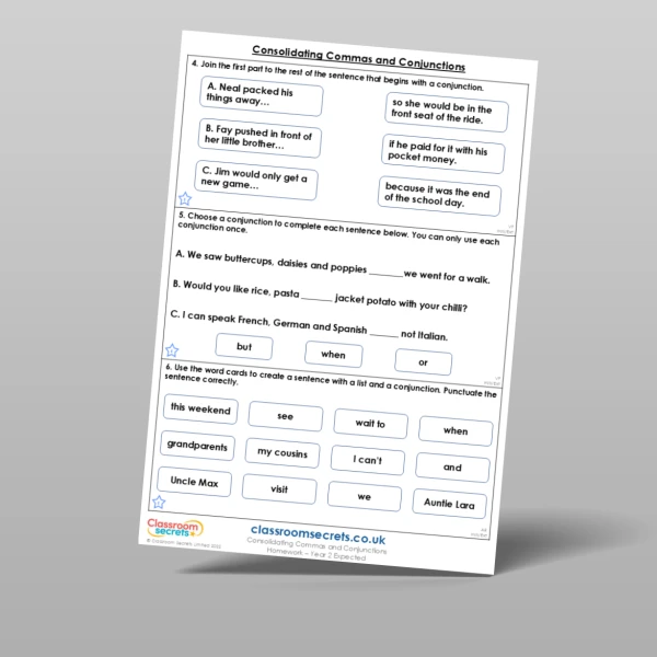 An image of the Consolidating Commas and Conjunctions Homework Resource